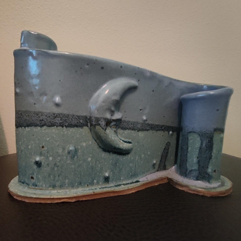 Handcrafted Ceramic Moon Art Piece - Blue and Gray